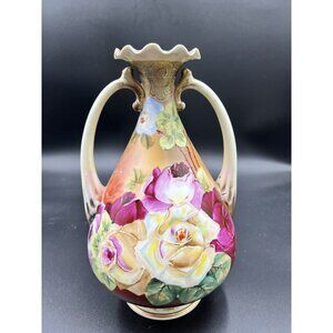 royal Kinran Nippon Vase Double Handled Roses Hand Painted 10 inches